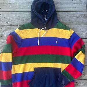 Polo Ralph Lauren Stripe Fleece Multi Color Blocked Pullover Hoodie Size XL Mens